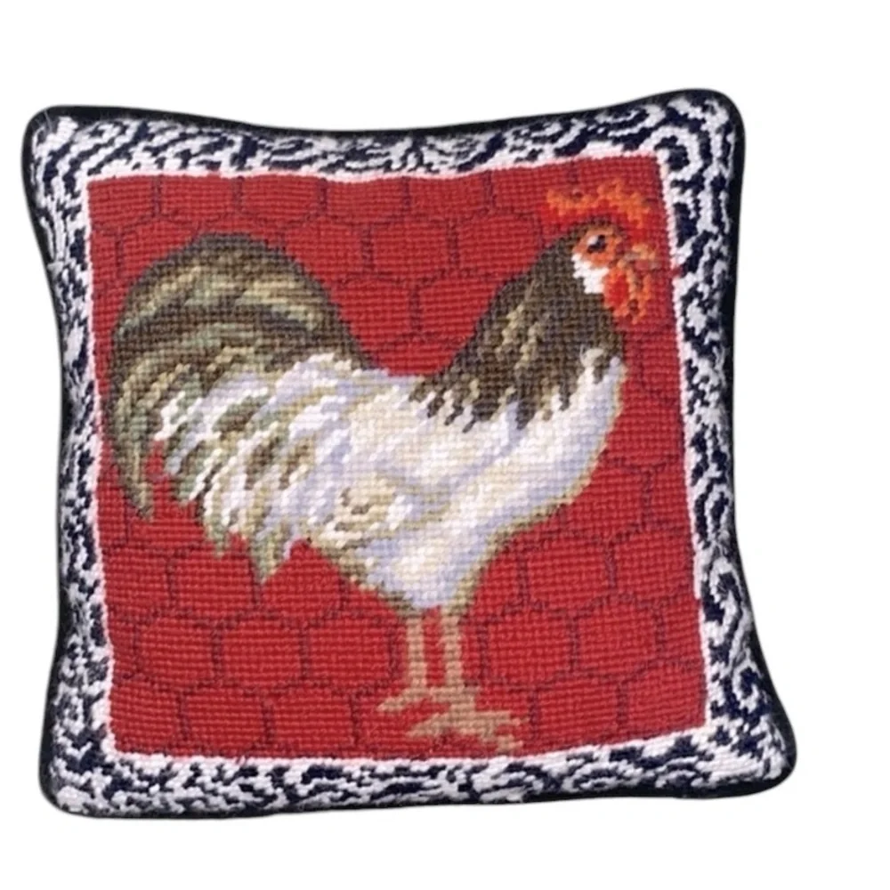 Rooster chicken embroidered needlepoint small pillow - Picture 1 of 4